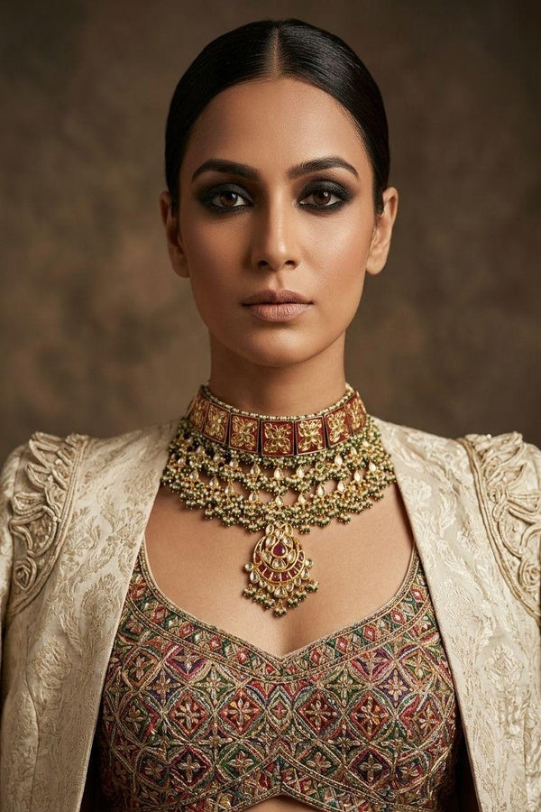 Lotus Tile Red Kundan Choker Necklace