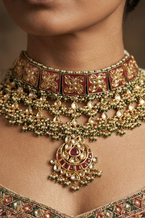 Lotus Tile Red Kundan Choker Necklace