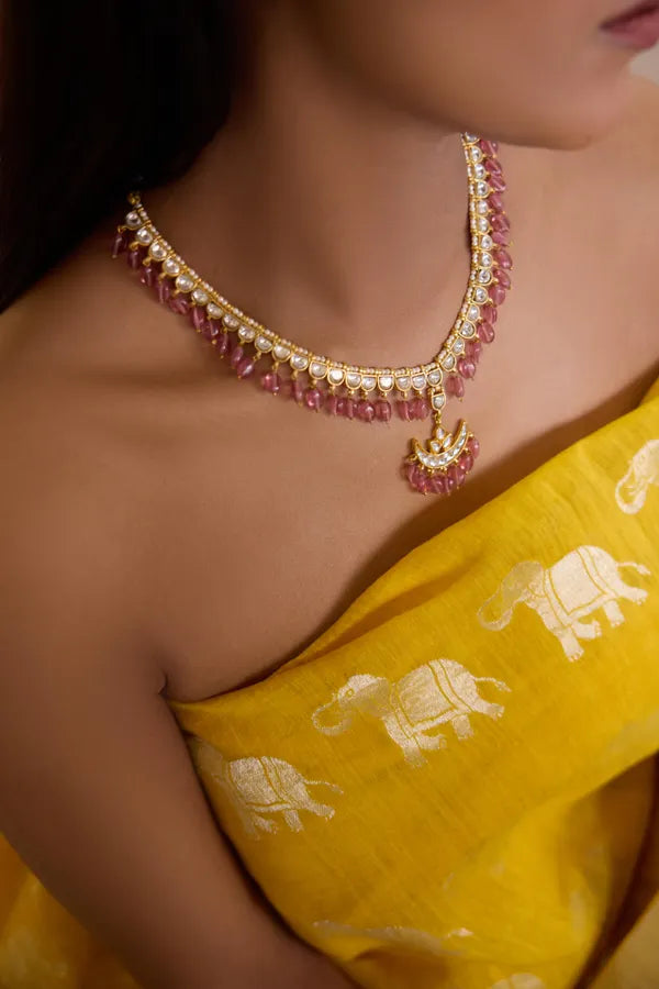 Gold & White Kundan Chand Tourmaline Stones Necklace