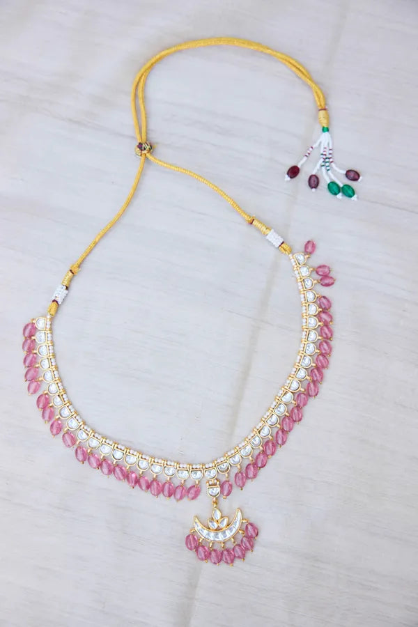 Gold & White Kundan Chand Tourmaline Stones Necklace