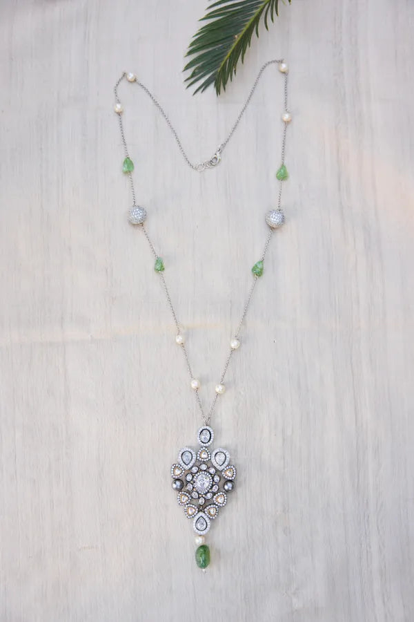Dual Finish Zircon Detail Pendant Necklace