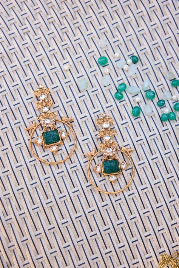 Carved Green Stone Gold Plated Chandbaali Earrings
