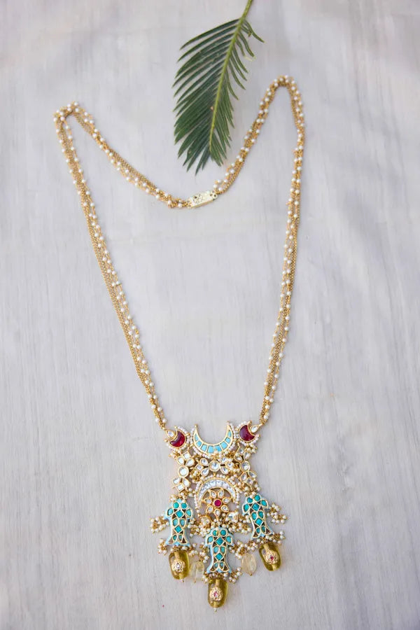 Feroza Chand Fish Motif Red Kundan Citrine Drops Necklace