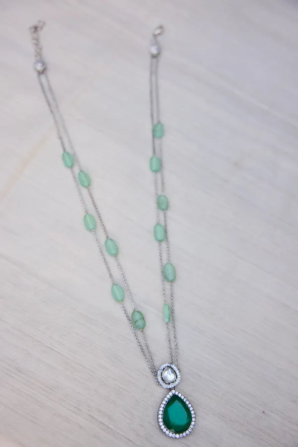 Carved Green Center Barium Stone Pendant Necklace