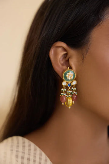 Gold Finish Blue Kundan Green Stone Yellow Drop Earrings