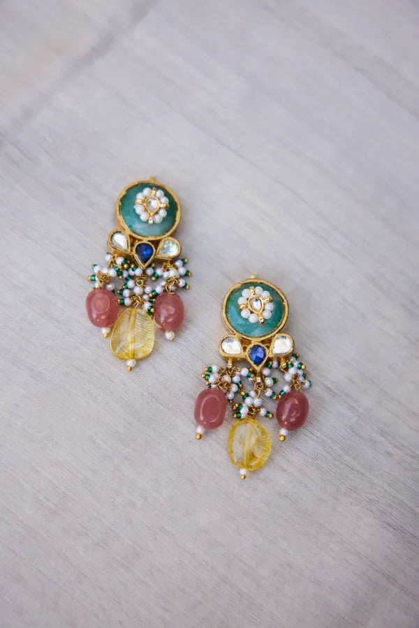 Gold Finish Blue Kundan Green Stone Yellow Drop Earrings