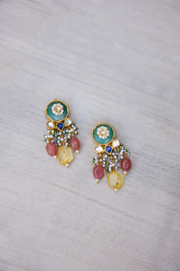 Gold Finish Blue Kundan Green Stone Yellow Drop Earrings