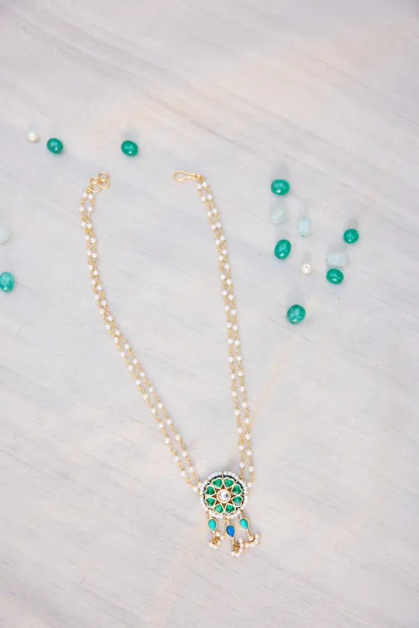 Green Blue Feroza Kundan Pendant Necklace
