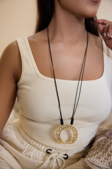 Gold & White Kundan Crescent Pendant Necklace