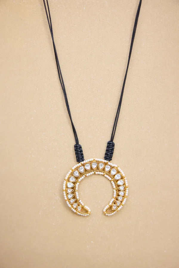 Gold & White Kundan Crescent Pendant Necklace