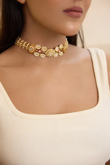 Red Meena Gold Kundan Pearl Chain Choker Necklace