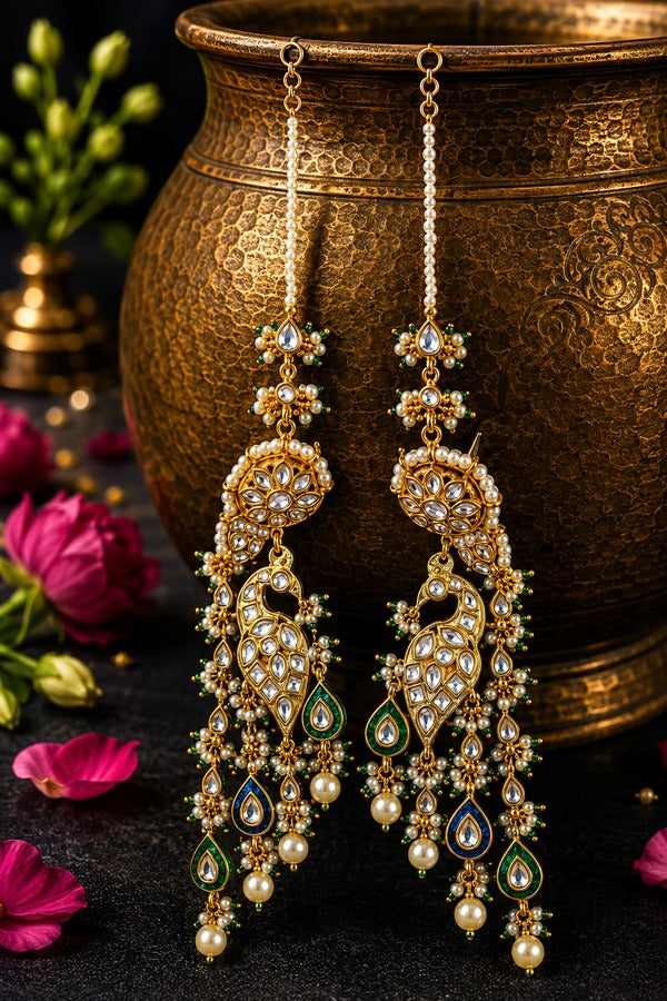 Gold Finish Green Meenakari Kundan Dangler Earrings