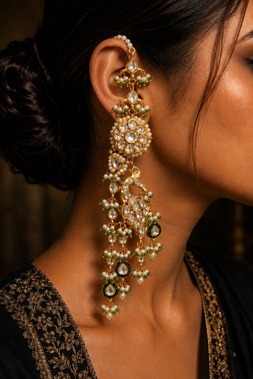 Gold Finish Green Meenakari Kundan Dangler Earrings