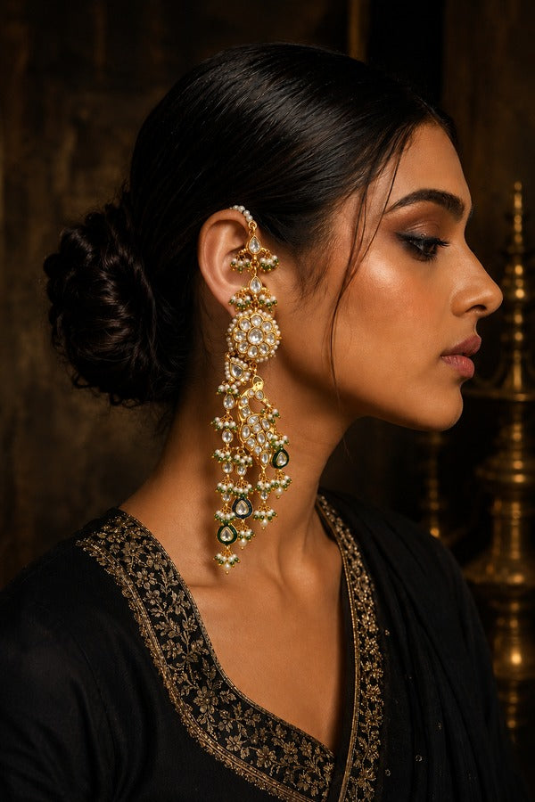 Gold Finish Green Meenakari Kundan Dangler Earrings