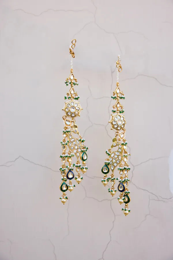 Gold Finish Green Meenakari Kundan Dangler Earrings