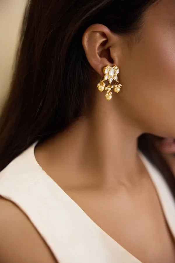 Gold Finish Lotus Kundan Pearl Dangler Earrings