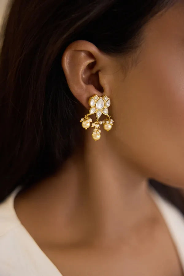 Gold Finish Lotus Kundan Pearl Dangler Earrings