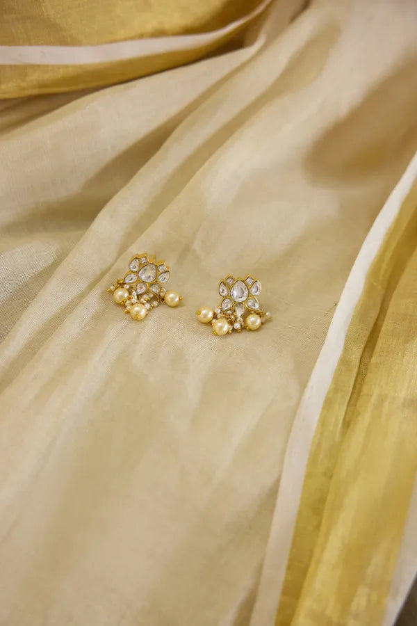 Gold Finish Lotus Kundan Pearl Dangler Earrings
