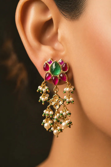 Gold Finish Green Center Pink Kundan Dangler Earrings