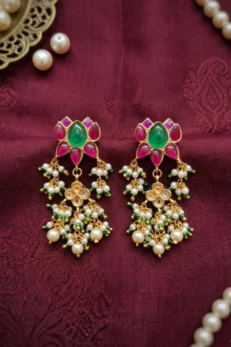 Gold Finish Green Center Pink Kundan Dangler Earrings