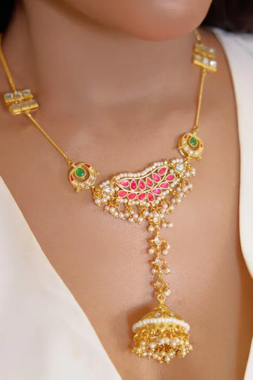 Pink & Green Kundan Jhumki Pendant Necklace