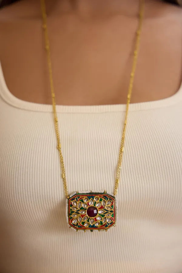 Green & Red Meenakari With Pearls Pendant Necklace