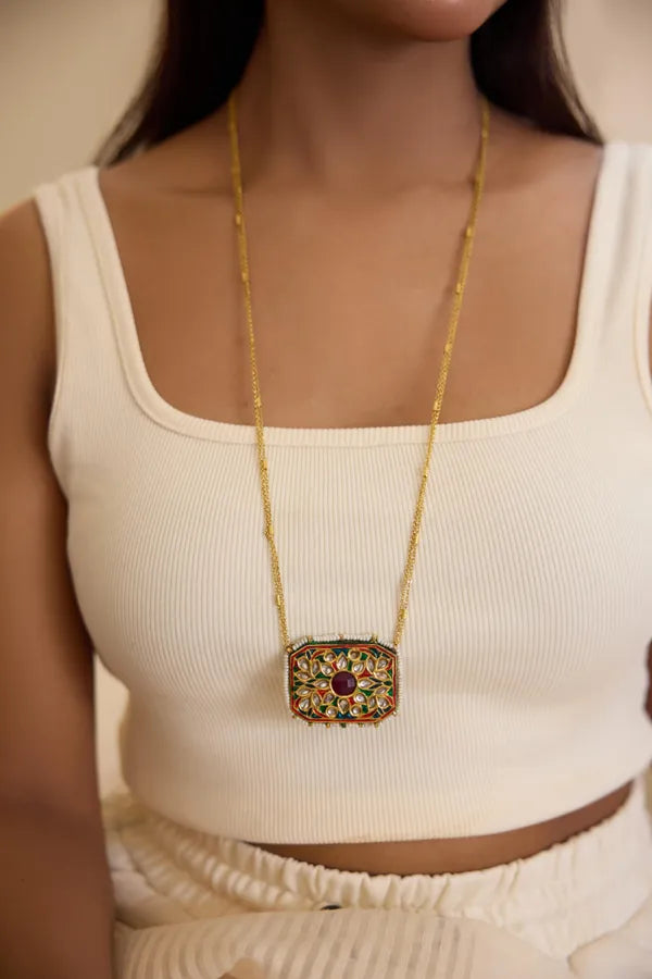 Green & Red Meenakari With Pearls Pendant Necklace