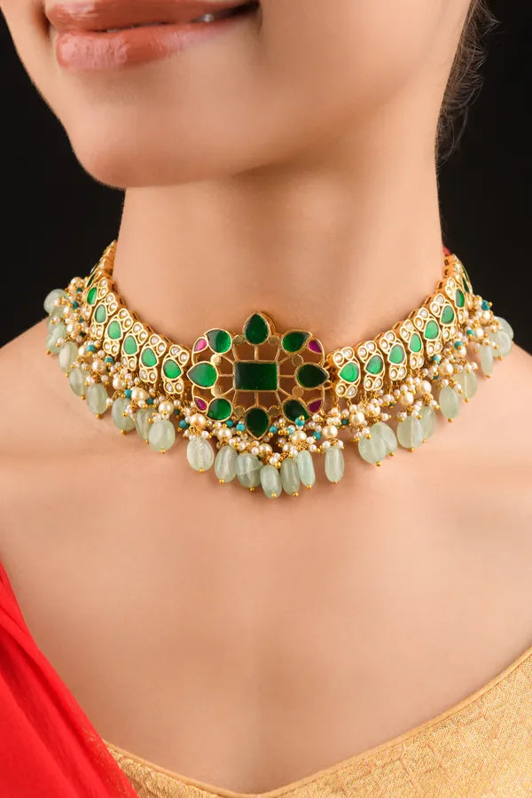 Statement Pink & Green Kundan Choker Necklace