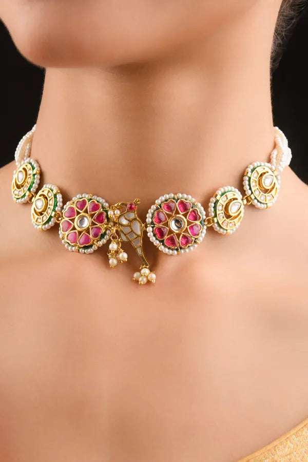 Pink and Gold Kundan Meenakari Choker Necklace