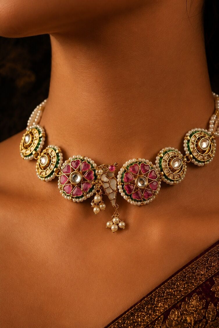 Pink and Gold Kundan Meenakari Choker Necklace