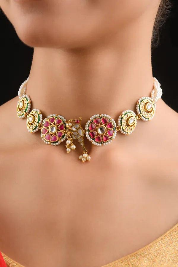 Pink and Gold Kundan Meenakari Choker Necklace