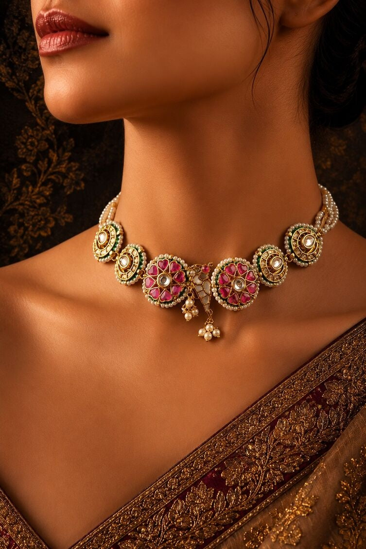 Pink and Gold Kundan Meenakari Choker Necklace