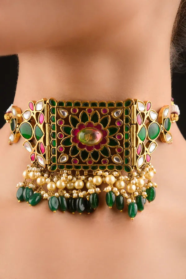 Pink & Green Kundan Pearls & Green Drops Necklace