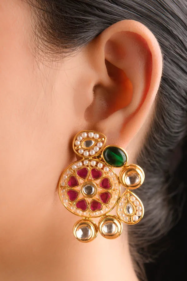 Gold Finish Pink Green Kundan Pearl Stud Earrings