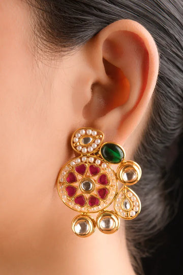 Gold Finish Pink Green Kundan Pearl Stud Earrings