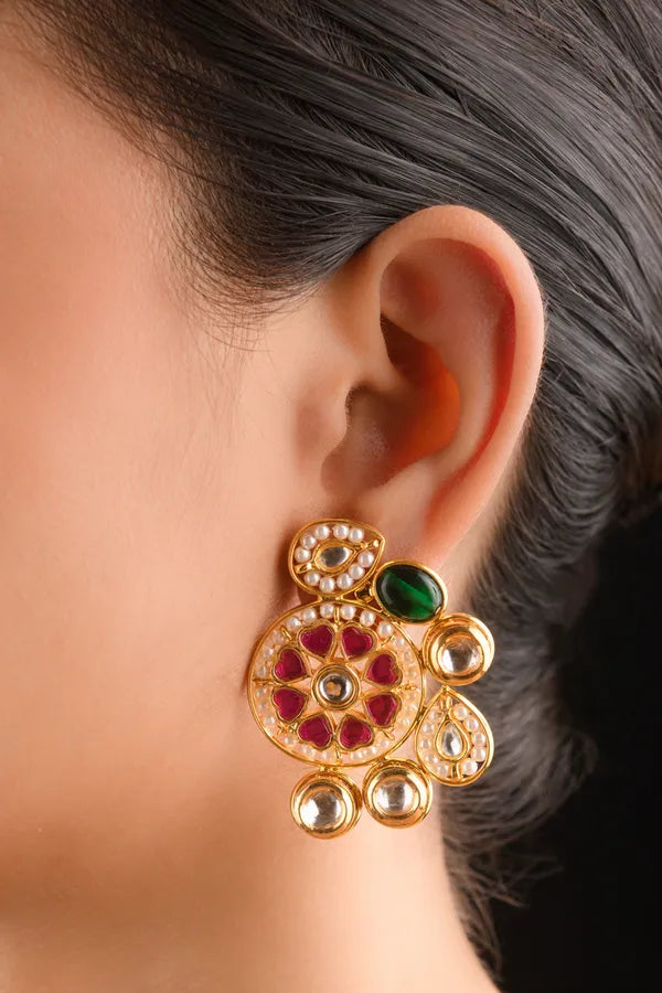 Gold Finish Pink Green Kundan Pearl Stud Earrings