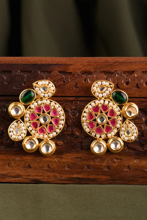 Gold Finish Pink Green Kundan Pearl Stud Earrings