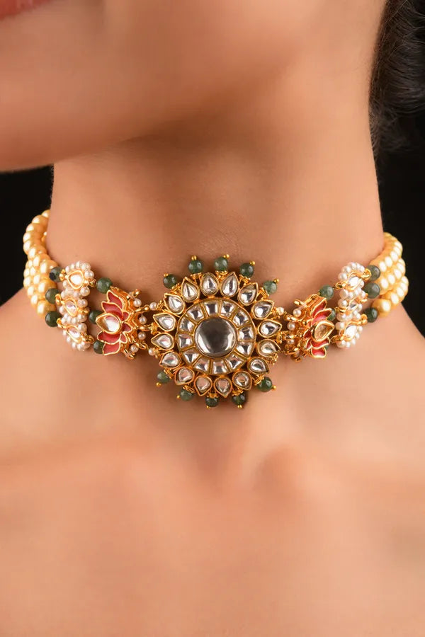 Kundan Lotus White & Green Pearls Choker Necklace