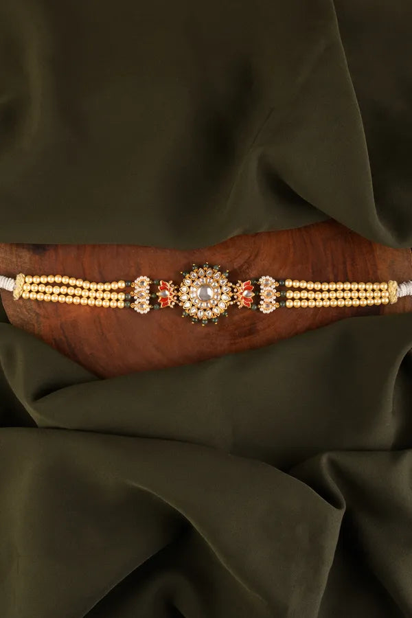 Kundan Lotus White & Green Pearls Choker Necklace
