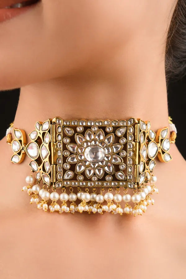 Statement Gold White Kundan Pearls Choker Necklace
