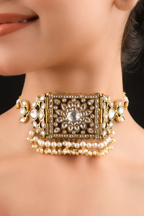 Statement Gold White Kundan Pearls Choker Necklace