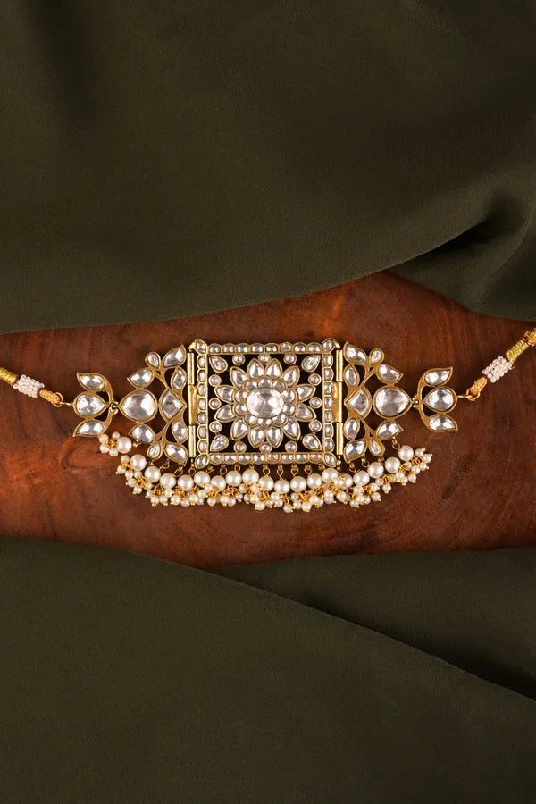Statement Gold White Kundan Pearls Choker Necklace