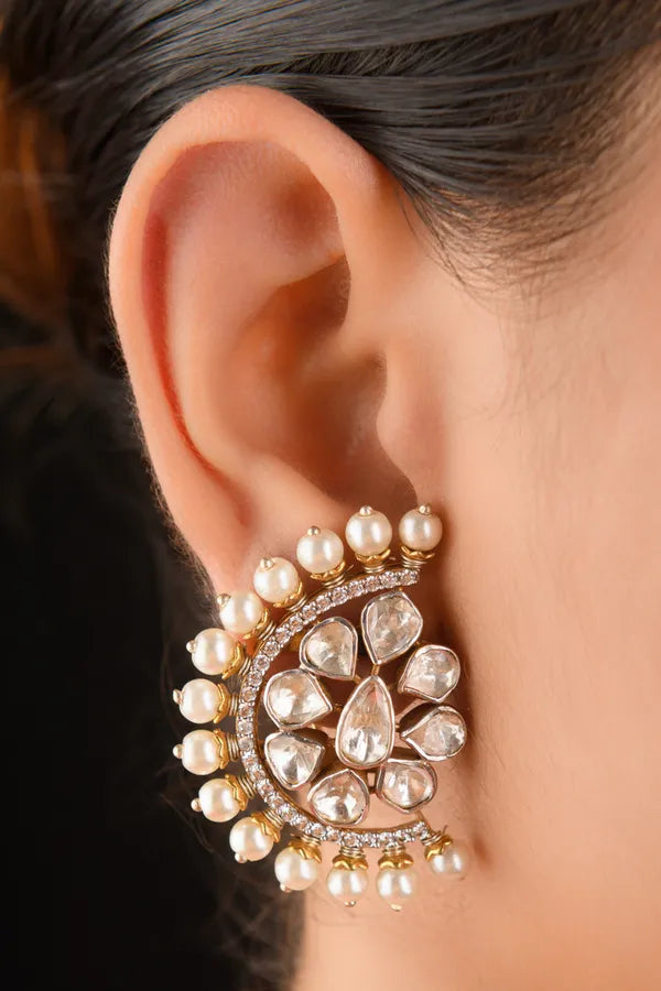 Gold White Kundan Pearls Studs