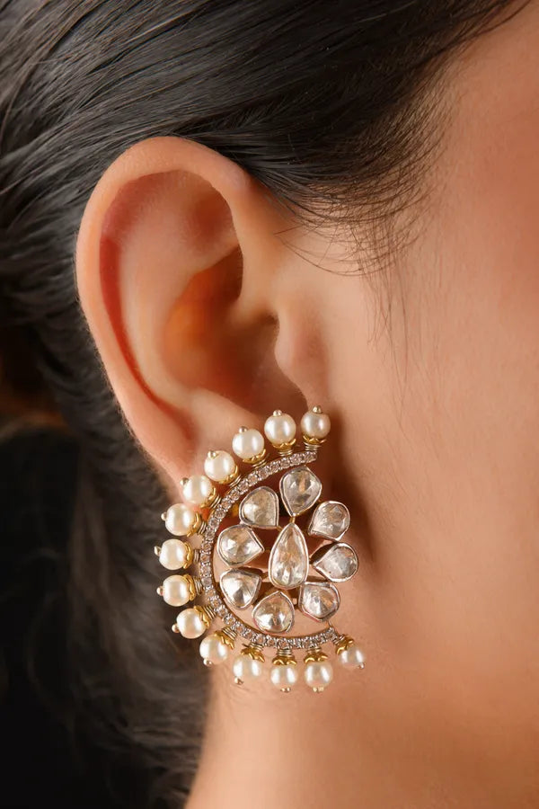 Gold White Kundan Pearls Studs