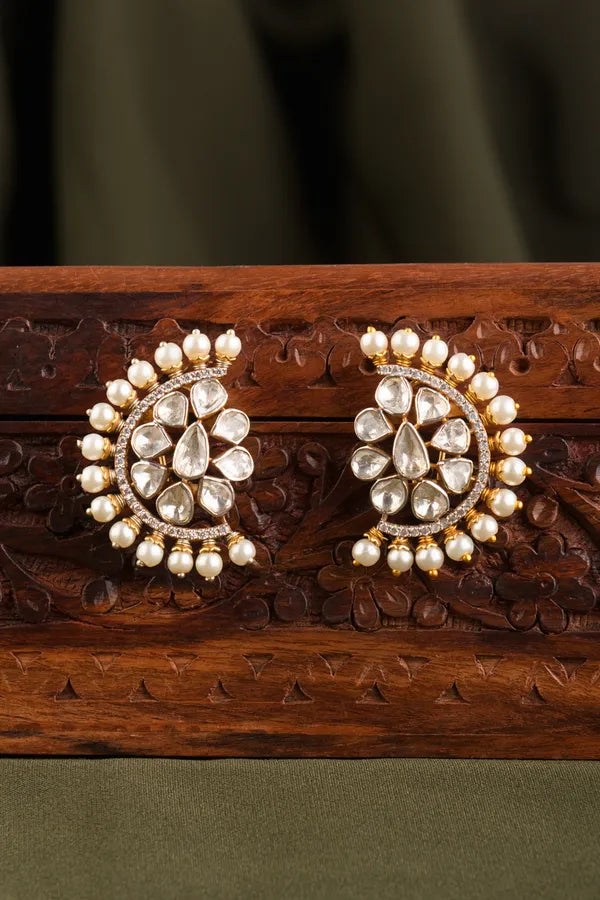 Gold White Kundan Pearls Studs