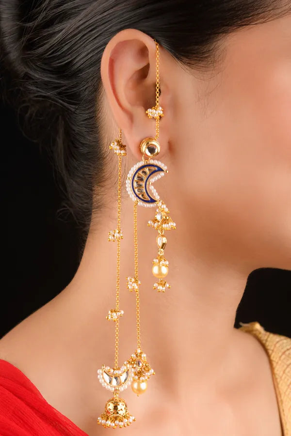 Gold Finish Green Meenakari Chand Jhumki Dangler Earrings
