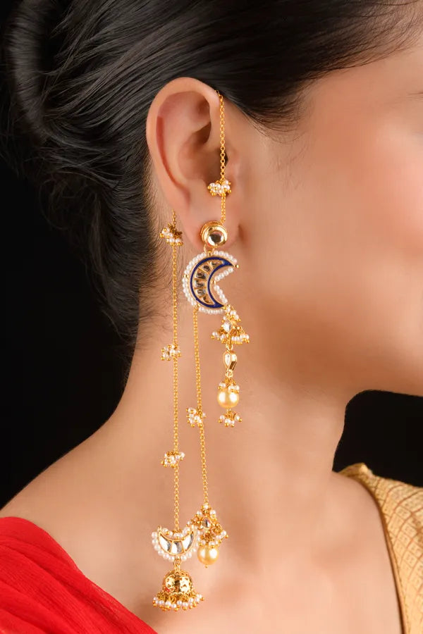 Gold Finish Green Meenakari Chand Jhumki Dangler Earrings