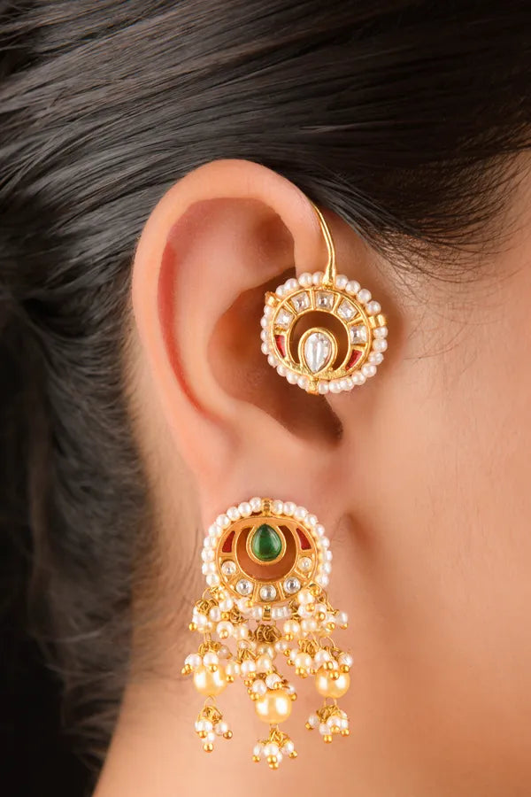 Gold Finish Red Green Kundan Earcuffs with Dangler Earrings