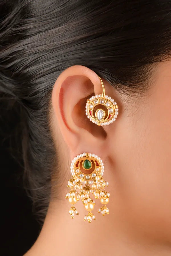 Gold Finish Red Green Kundan Earcuffs with Dangler Earrings