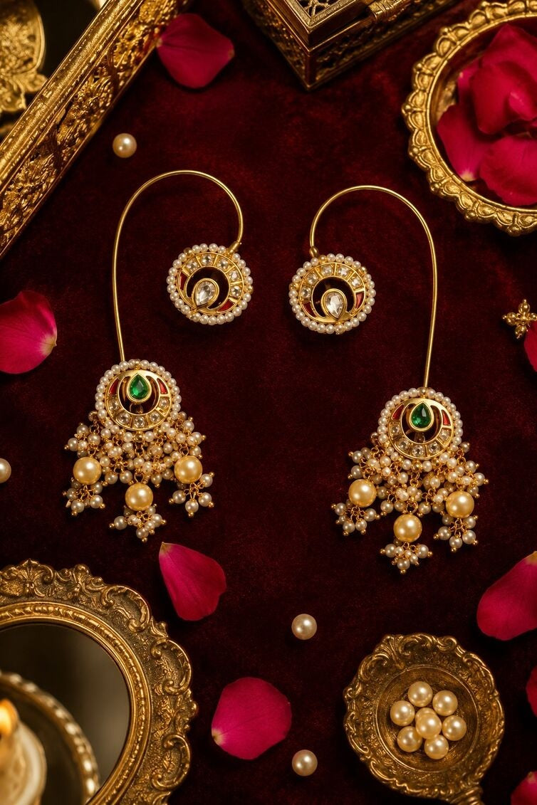 Gold Finish Red Green Kundan Earcuffs with Dangler Earrings